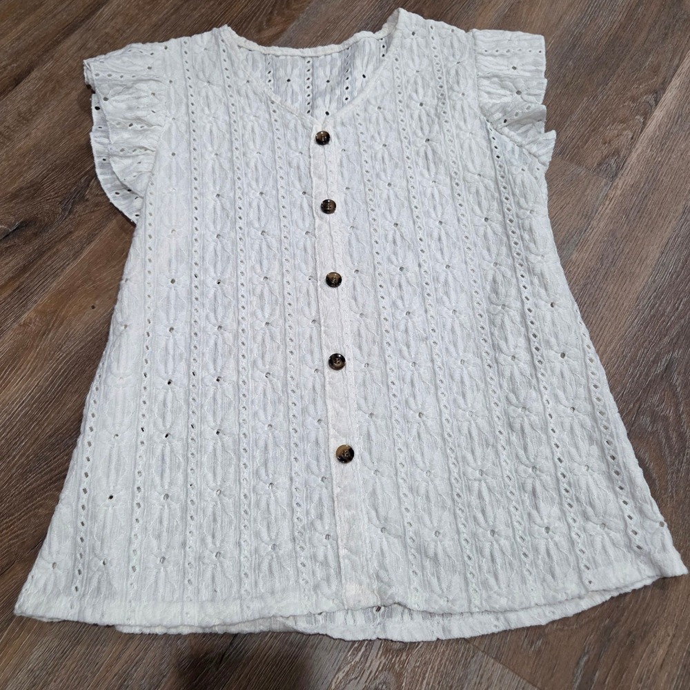 White Eyelet Lace Ruffle Cap Sleeve Button Down Blouse Top Large
